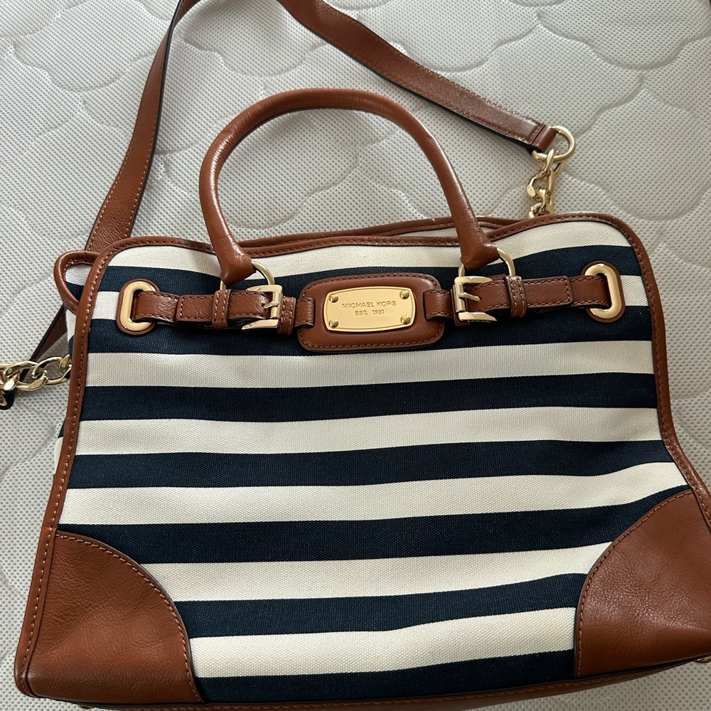 MICHAEL Michael Kors Navy and Cream Stripe Satchel with Brown Trim